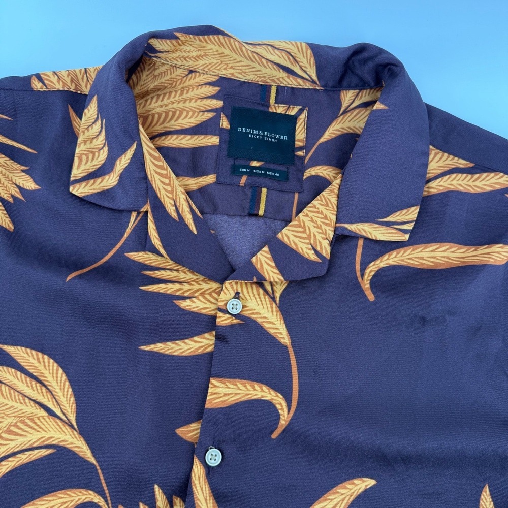 Denim & Flower Shirt Mens M Purple Yellow Tropical Leaf Camp Collar Button Up